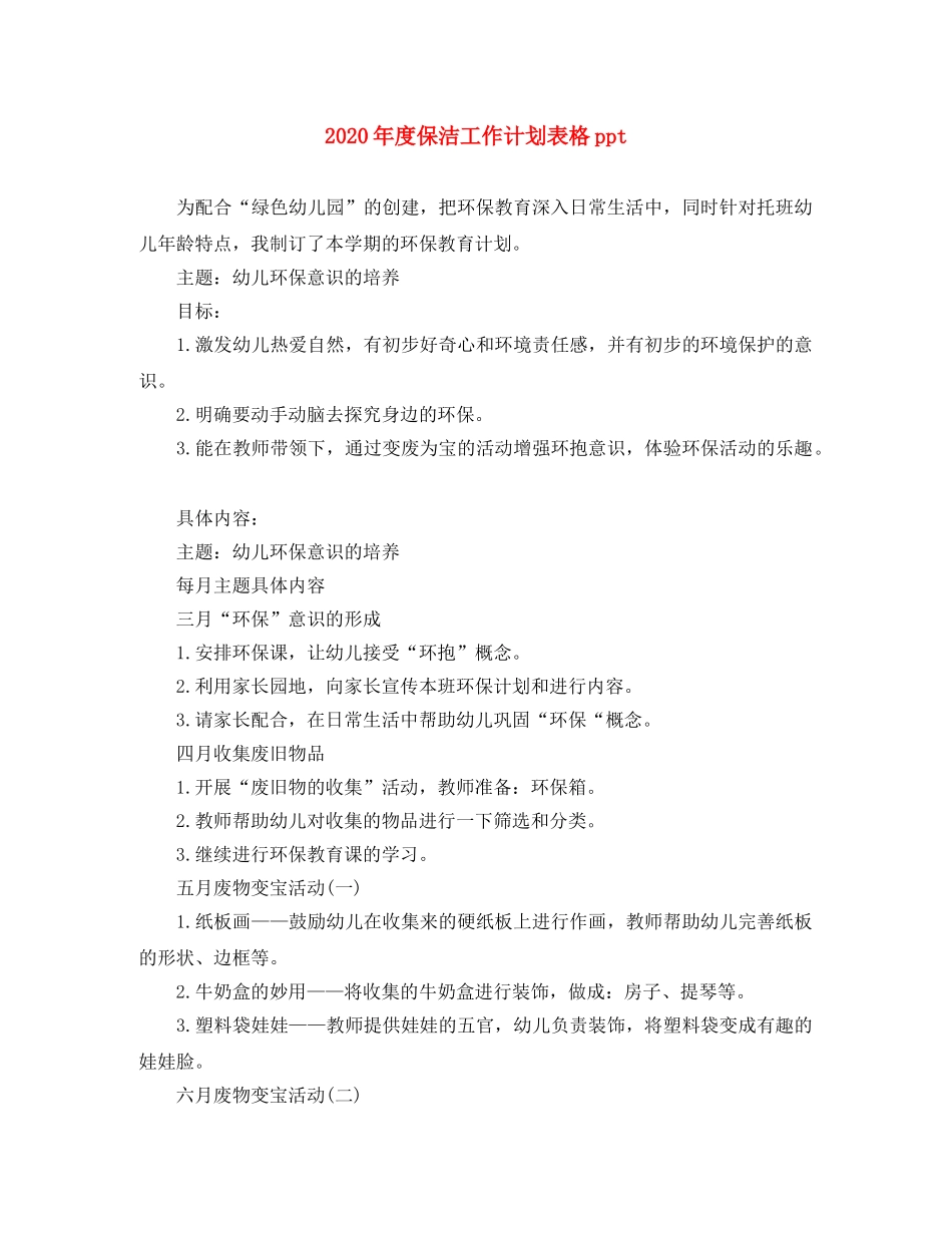 2020年度保洁工作计划表格ppt _第1页