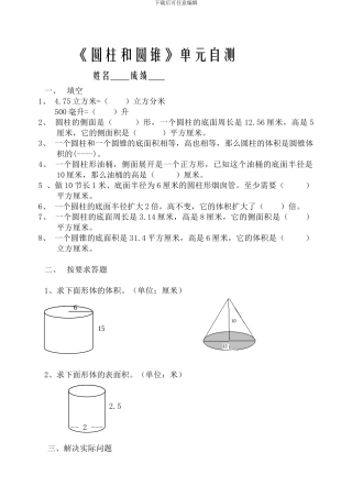 苏教版六年级数学圆柱圆锥试卷