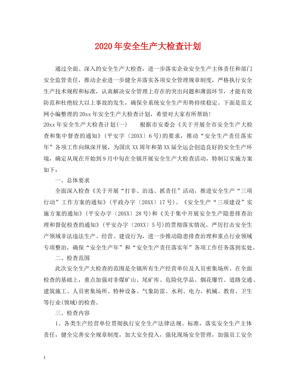 2020年安全生产大检查计划 _第1页