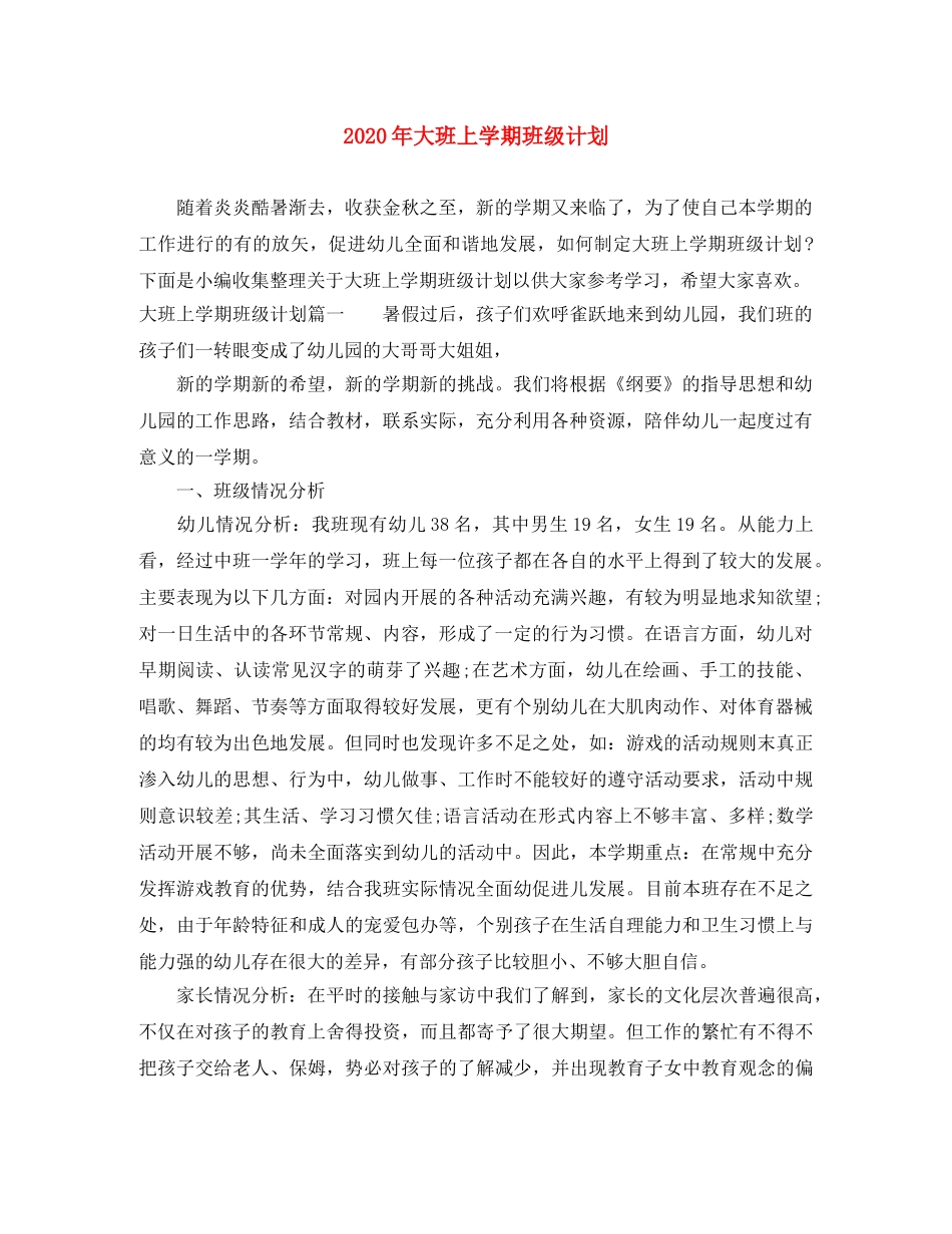2020年大班上学期班级计划 _第1页