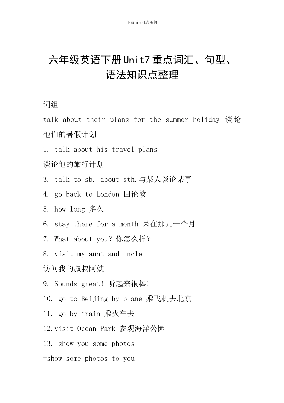 六年级英语下册Unit7重点词汇、句型、语法知识点整理_第1页