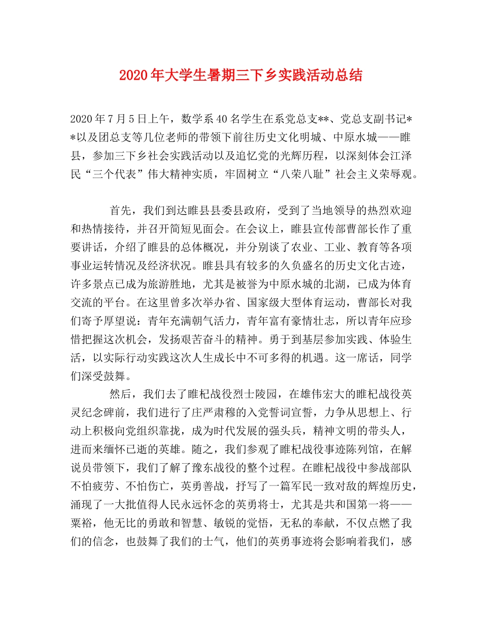 2020年大学生暑期三下乡实践活动总结 _第1页