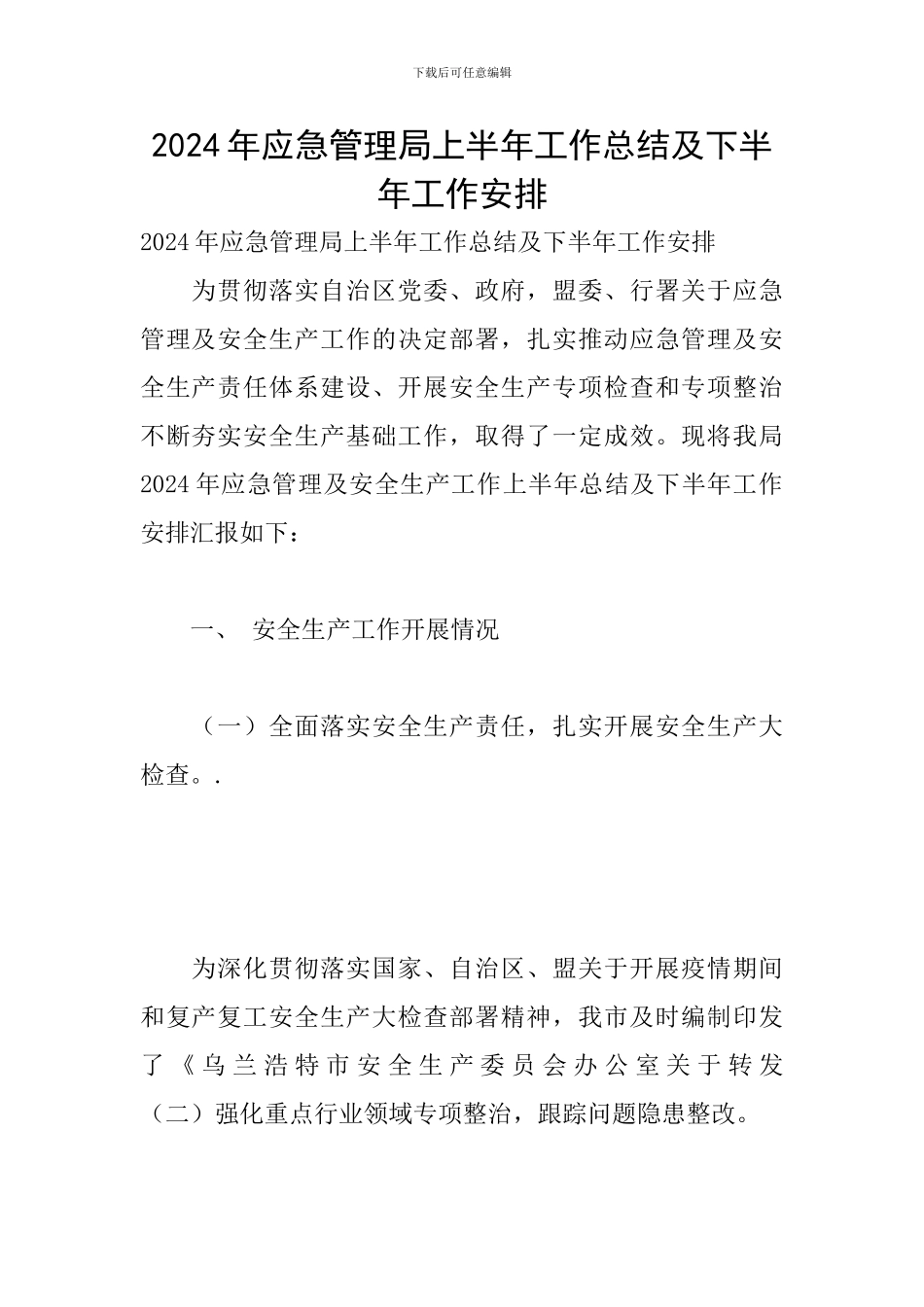 2024年应急管理局上半年工作总结及下半年工作安排_第1页
