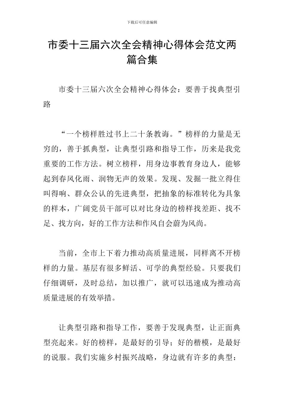 市委十三届六次全会精神心得体会范文两篇合集_第1页