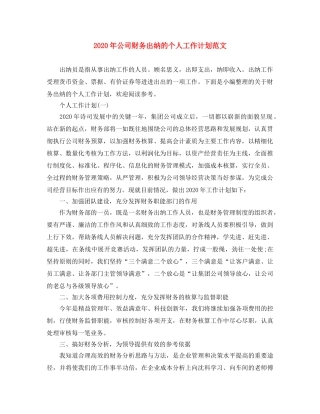 2020年公司财务出纳的个人工作计划范文 