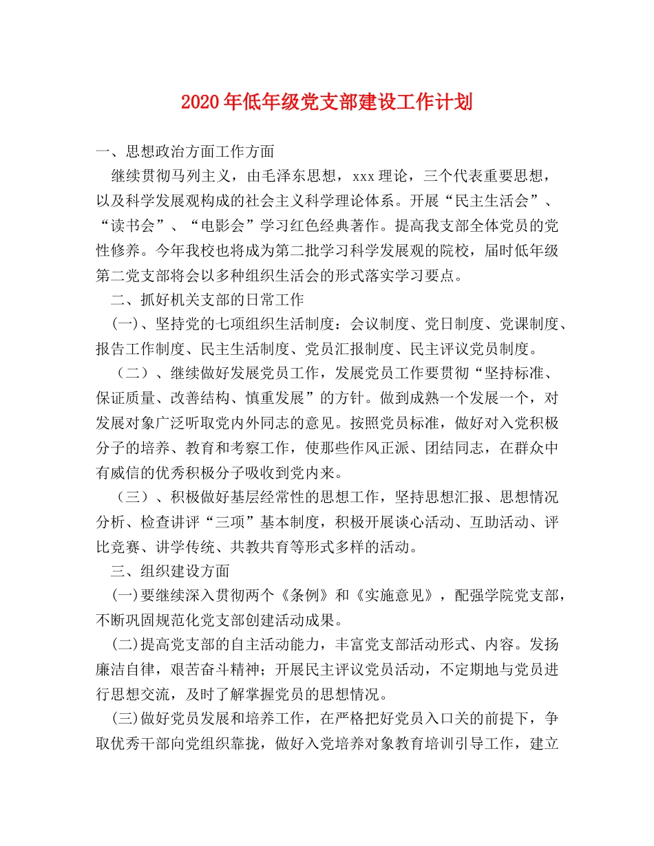 2020年低年级党支部建设工作计划 _第1页