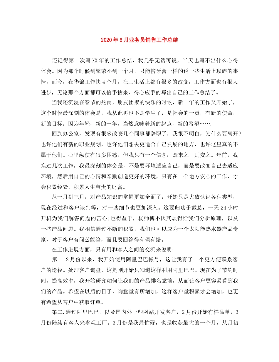 2020年6月业务员销售工作总结 _第1页