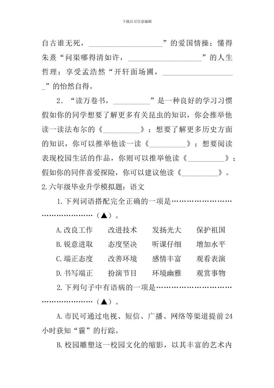 六年级毕业升学模拟题_第2页