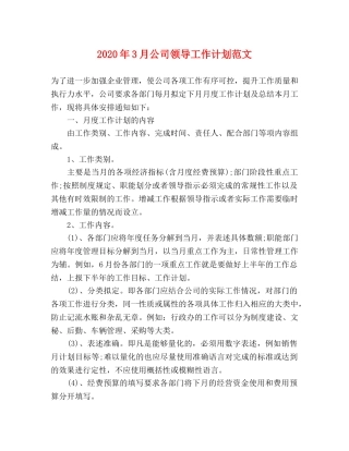 2020年3月公司领导工作计划范文 