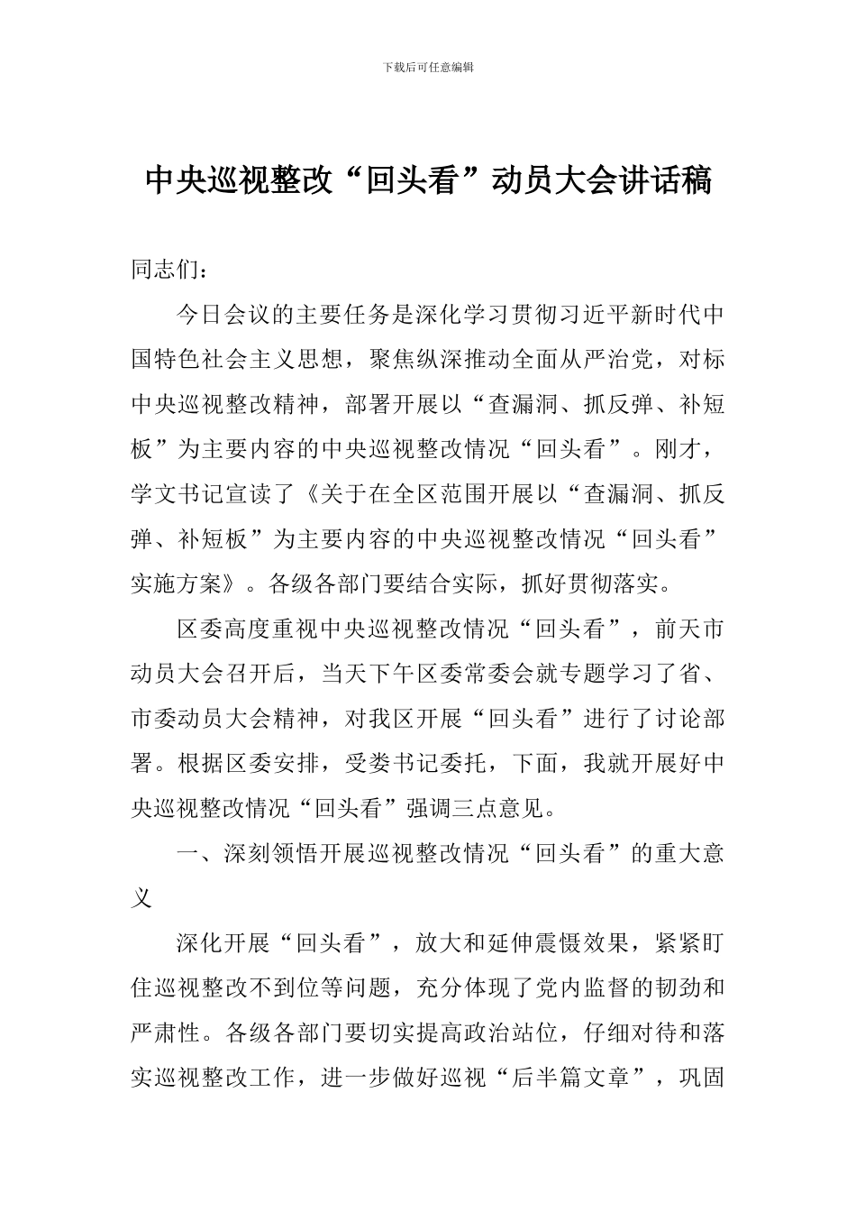 中央巡视整改“回头看”动员大会讲话稿_第1页