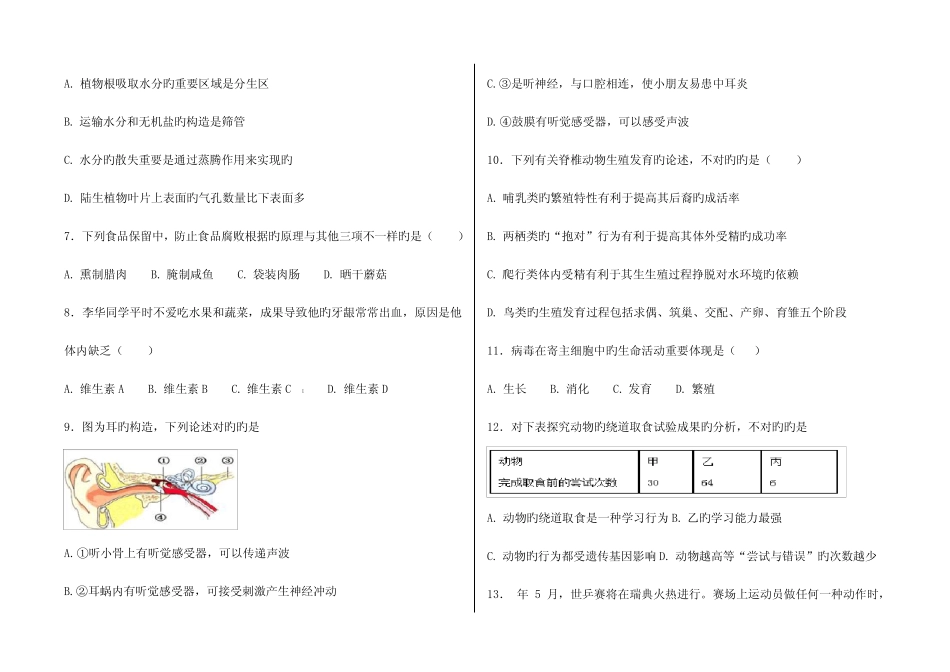 2023年德州市初中学业水平考试生物模拟试题有答案 _第2页