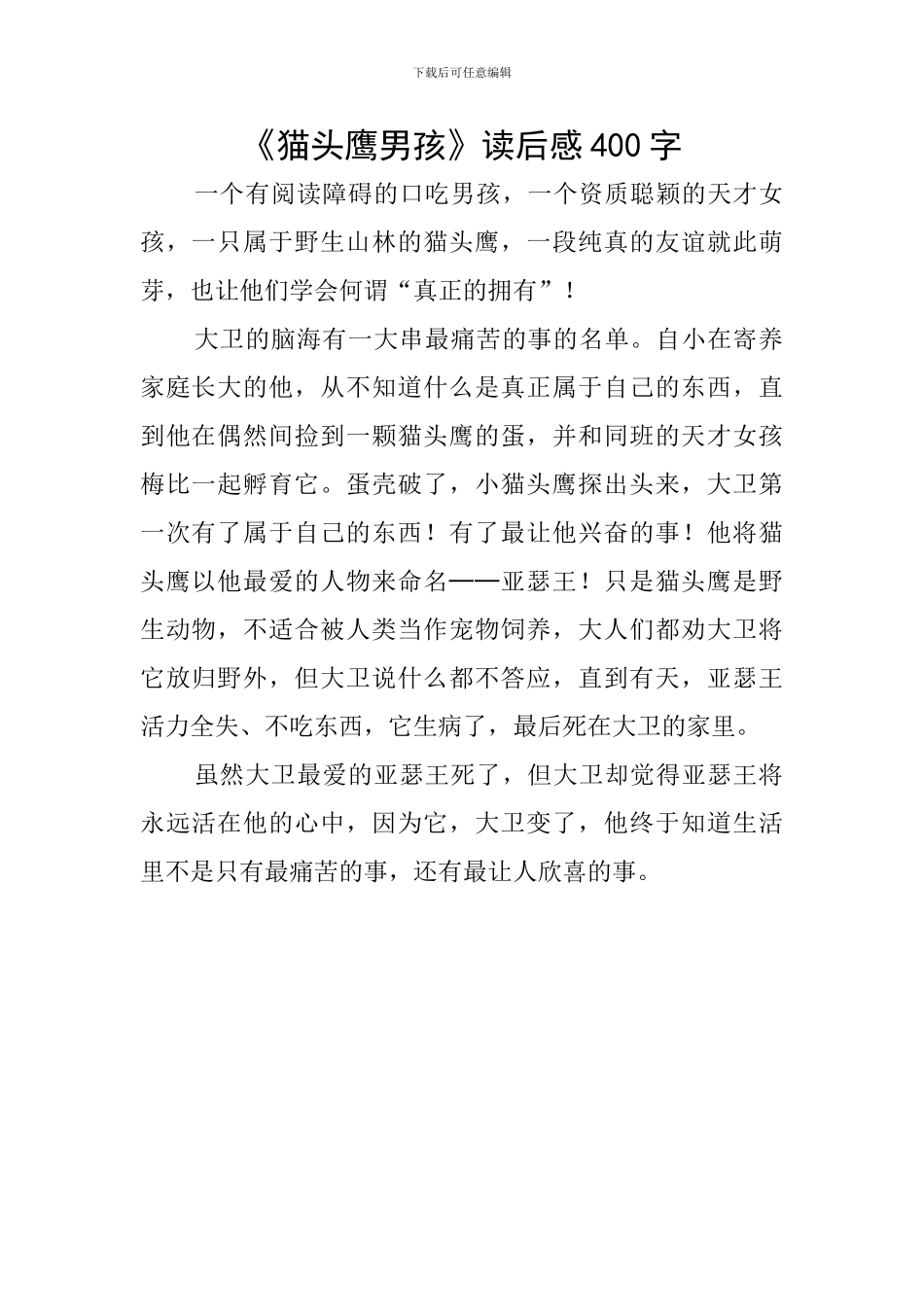 《猫头鹰男孩》读后感400字_第1页