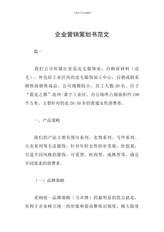 企业营销策划书范文