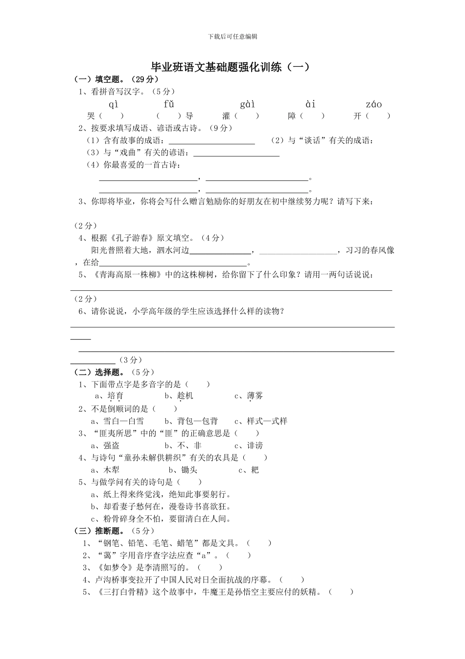 2024苏教版语文六年级下册毕业班语文基础题强化训练精选汇总_第1页
