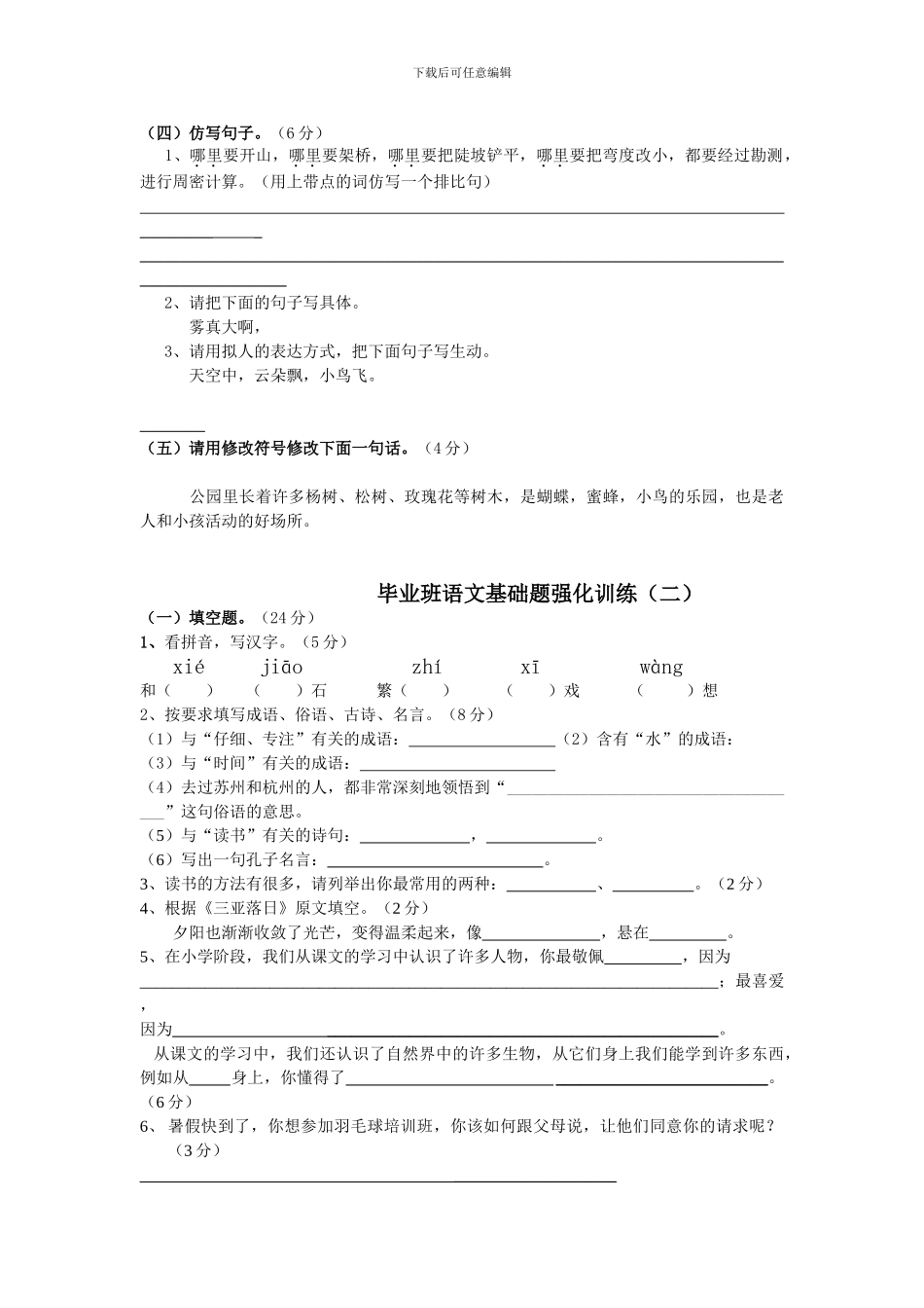 2024苏教版语文六年级下册毕业班语文基础题强化训练精选汇总_第2页