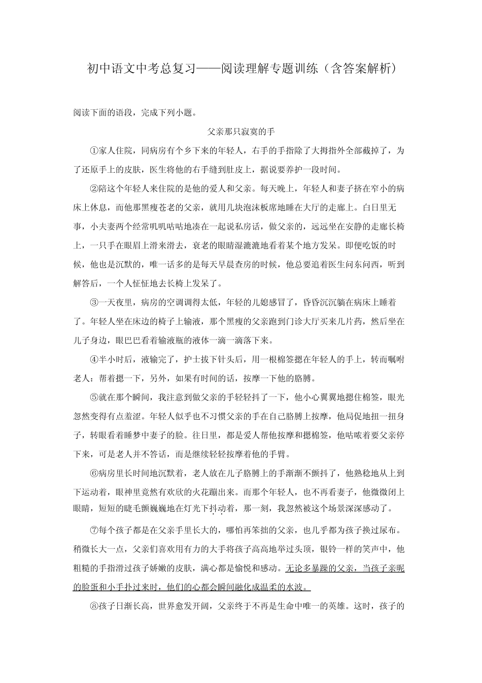 初中语文中考总复习阅读理解专题训练《父亲那只寂寞的手》(含答案解析_第1页