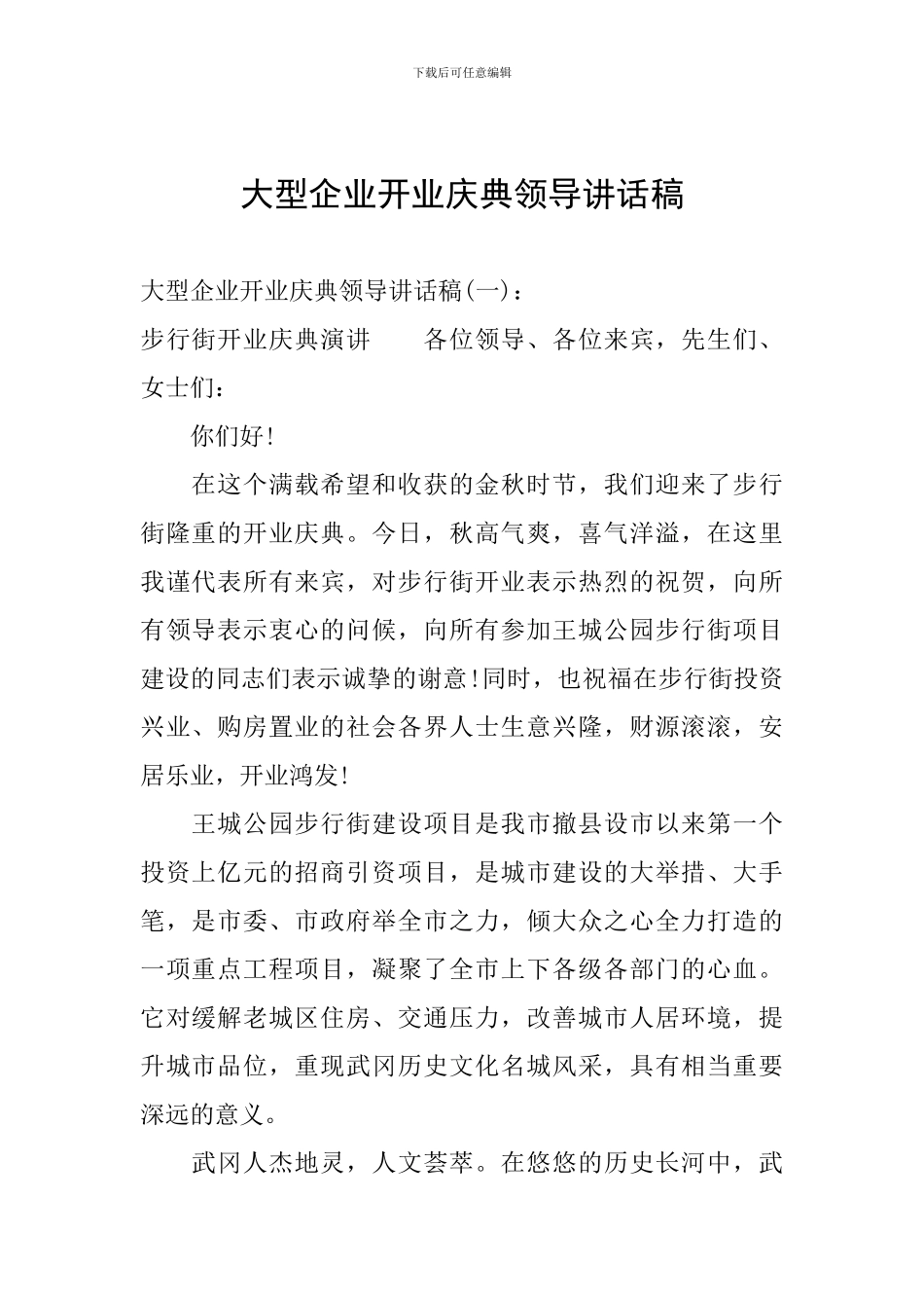 大型企业开业庆典领导讲话稿_第1页