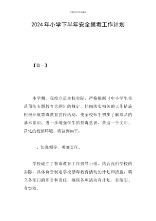 2024年小学下半年安全禁毒工作计划