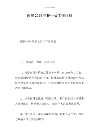 医院2024年护士长工作计划