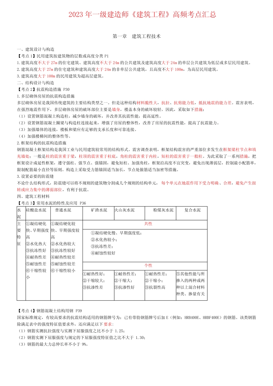 2023年一级建造师《建筑工程》高频考点汇总 _第1页