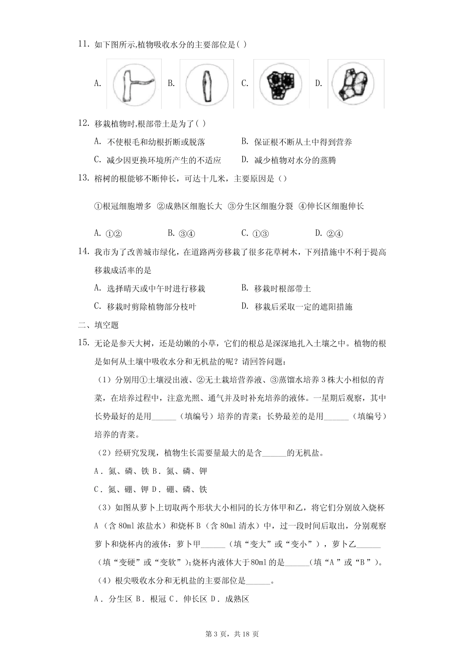初中科学浙教版八年级下册第四章第三节植物的根与物质吸收练习题-普_第3页