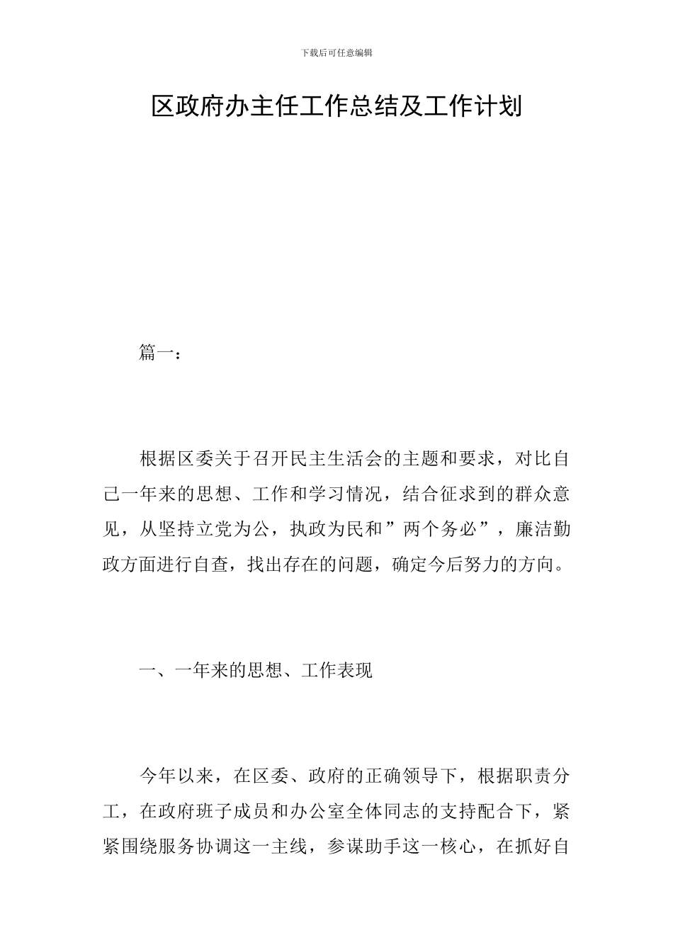 区政府办主任工作总结及工作计划_第1页