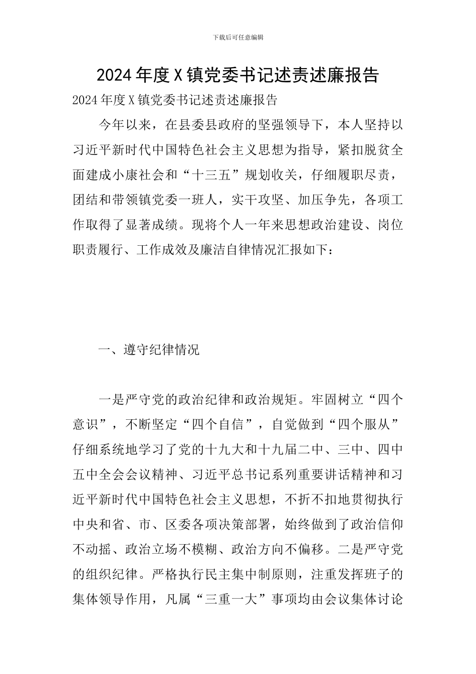 2024年度X镇党委书记述责述廉报告_第1页