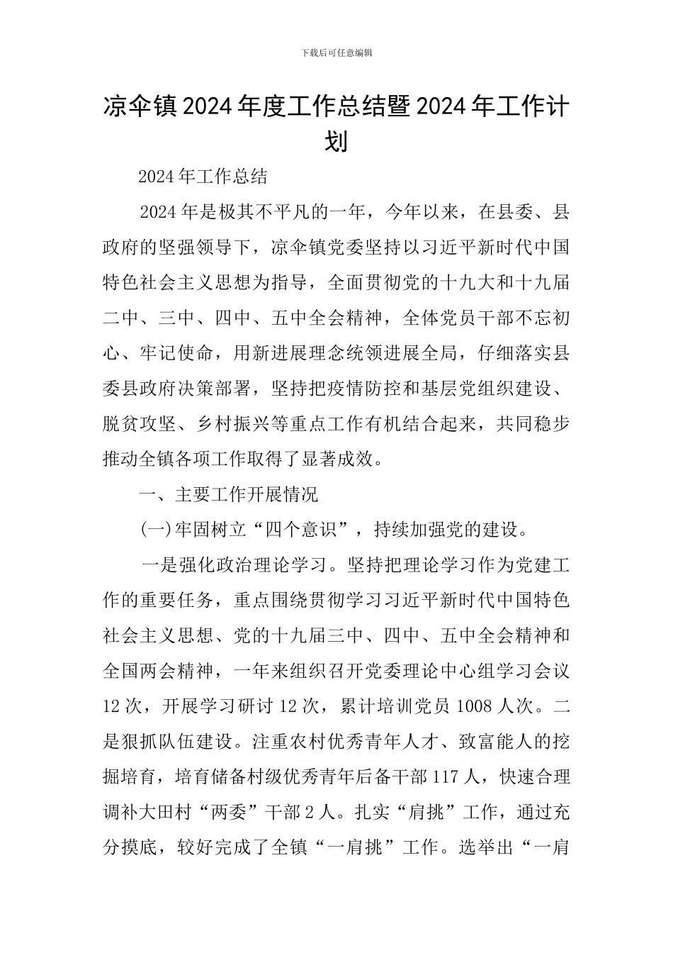 凉伞镇2024年度工作总结暨2024年工作计划_第1页