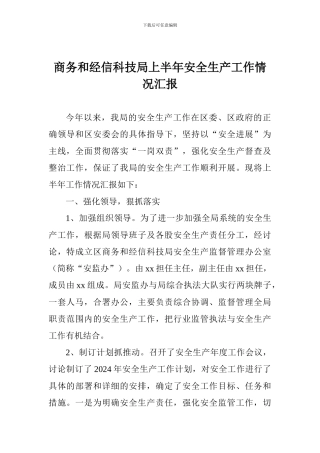 商务和经信科技局上半年安全生产工作情况汇报