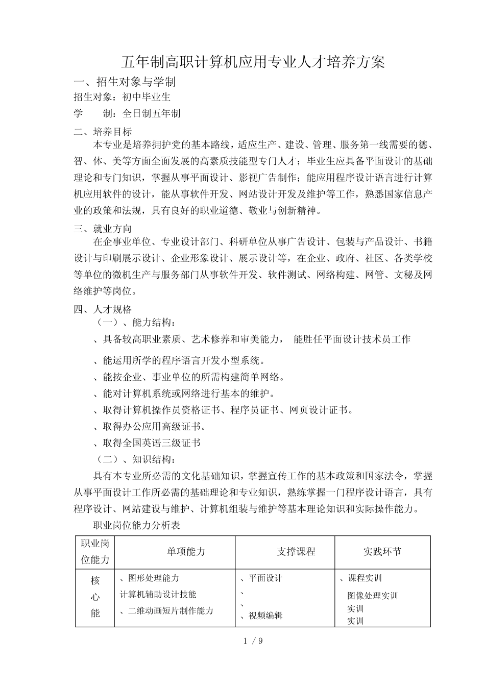 五年制高职计算机应用专业人才培养方案 _第1页