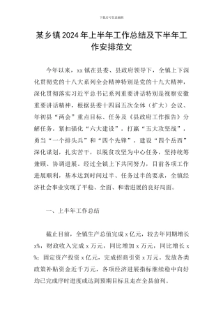 某乡镇2024年上半年工作总结及下半年工作安排范文