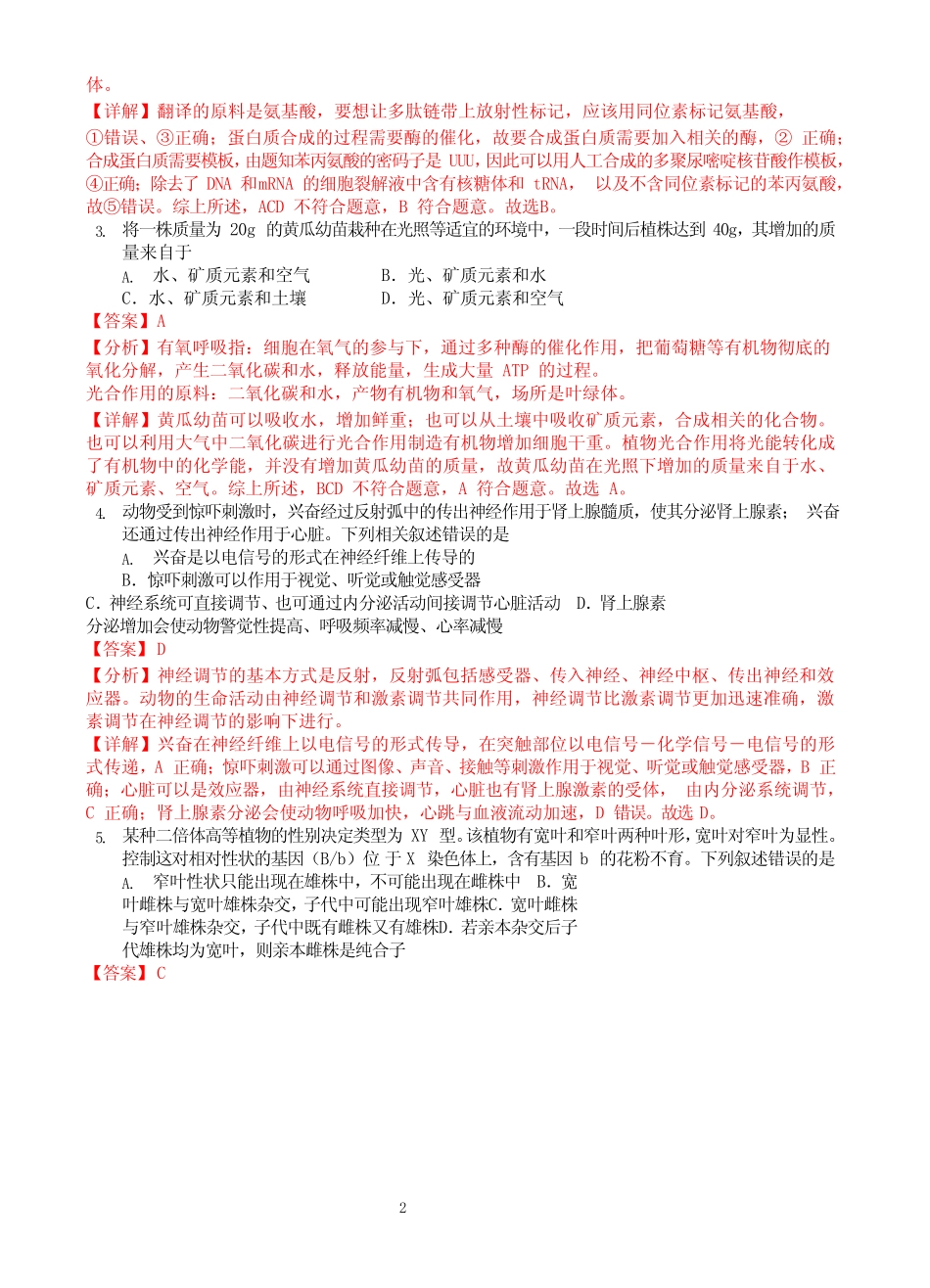 2019年高考全国卷(甲、乙、丙)理综生物高考真题(含解析) _第2页