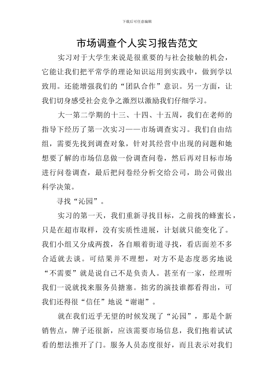 市场调查个人实习报告范文_第1页