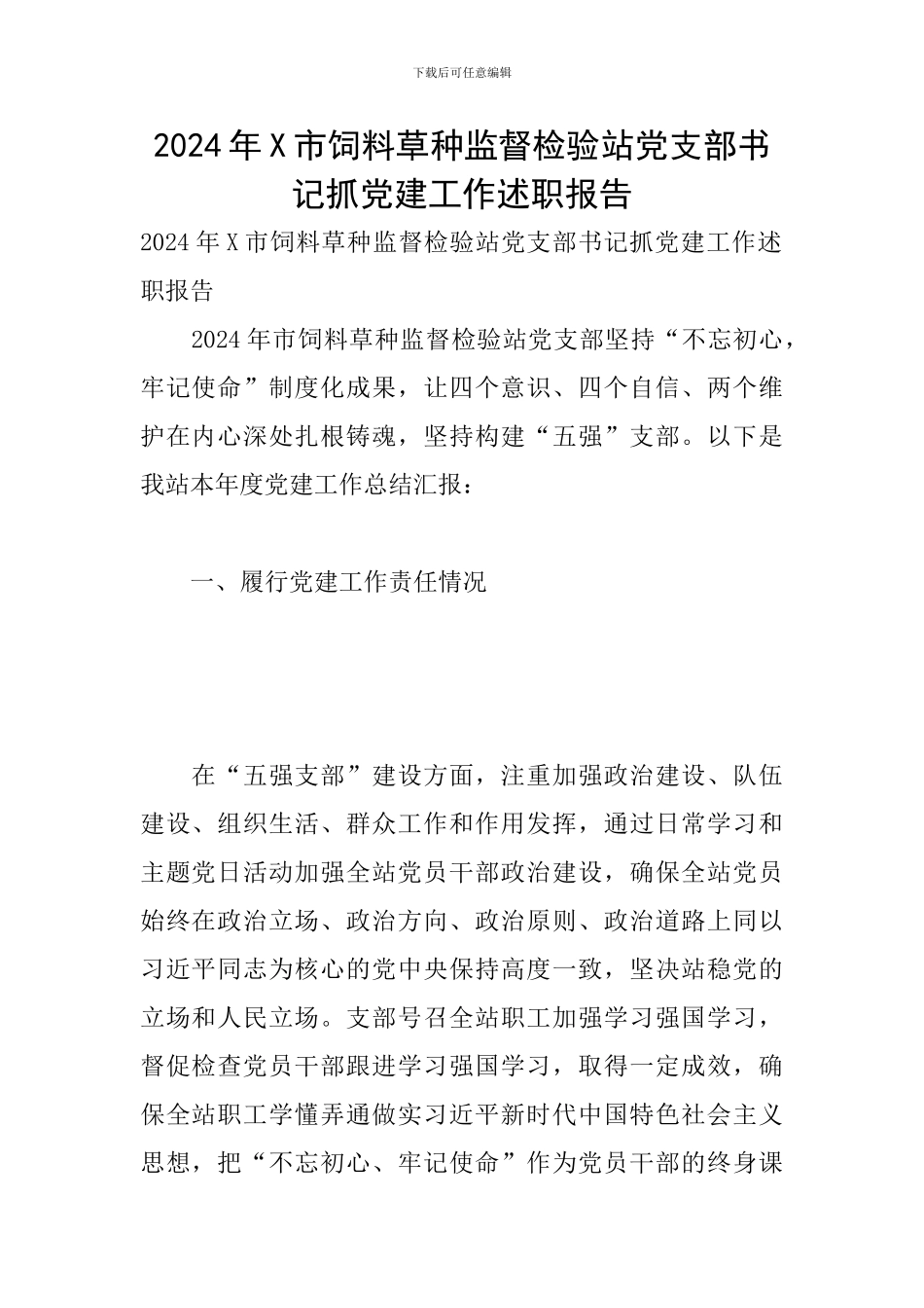 2024年X市饲料草种监督检验站党支部书记抓党建工作述职报告_第1页