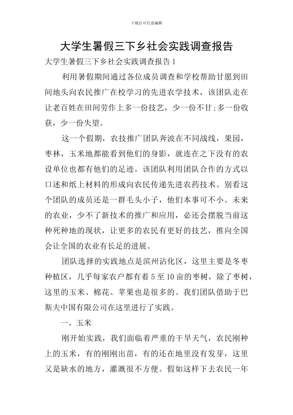 大学生暑假三下乡社会实践调查报告_第1页