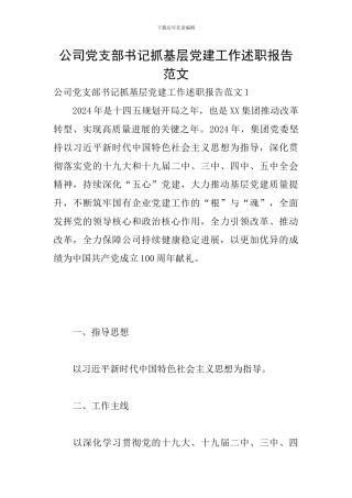 公司党支部书记抓基层党建工作述职报告范文