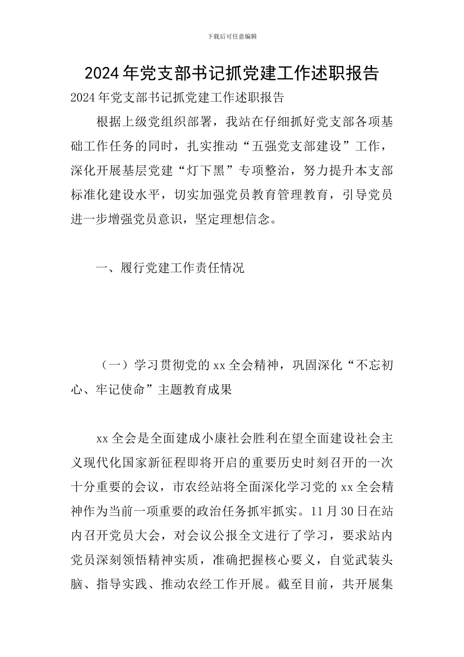 2024年党支部书记抓党建工作述职报告_第1页