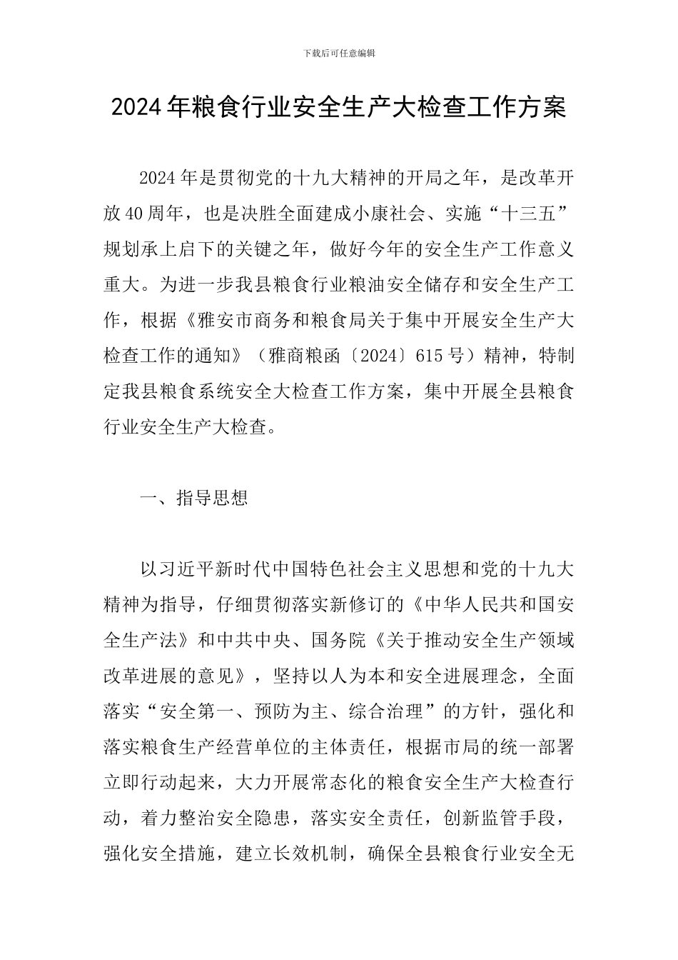 2024年粮食行业安全生产大检查工作方案_第1页