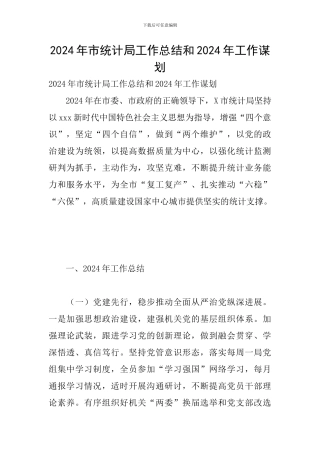 2024年市统计局工作总结和2024年工作谋划
