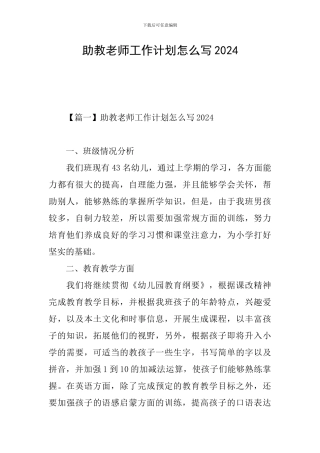 助教老师工作计划怎么写2024