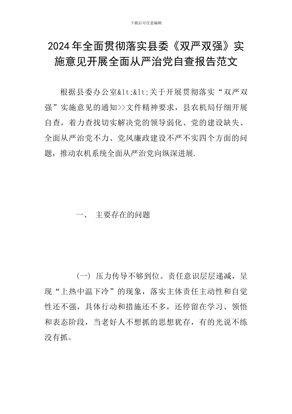 2024年全面贯彻落实县委《双严双强》实施意见开展全面从严治党自查报告范文_第1页