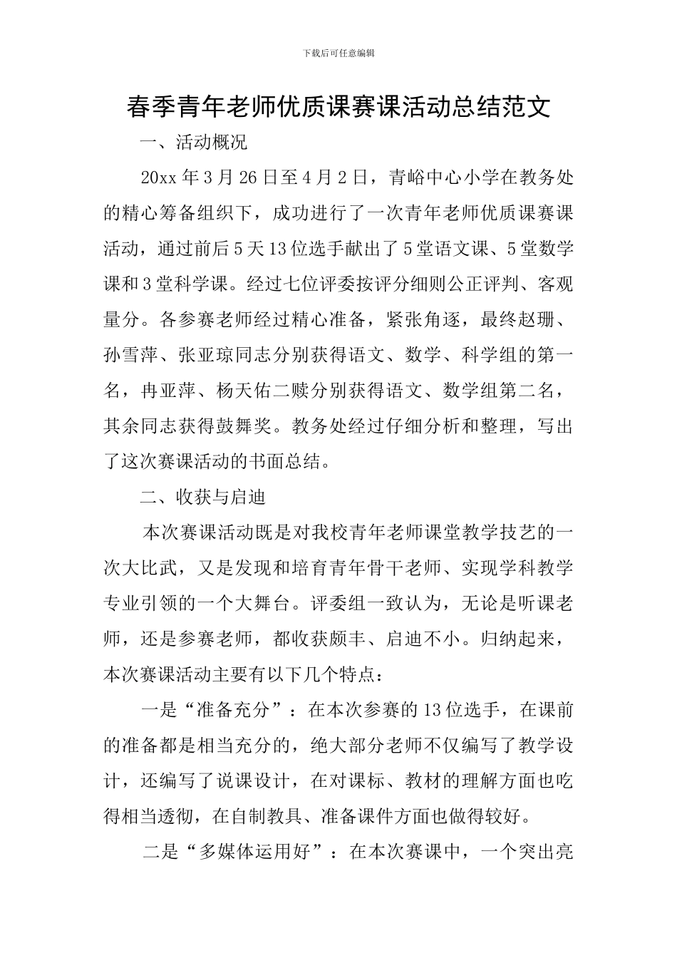 春季青年教师优质课赛课活动总结范文_第1页