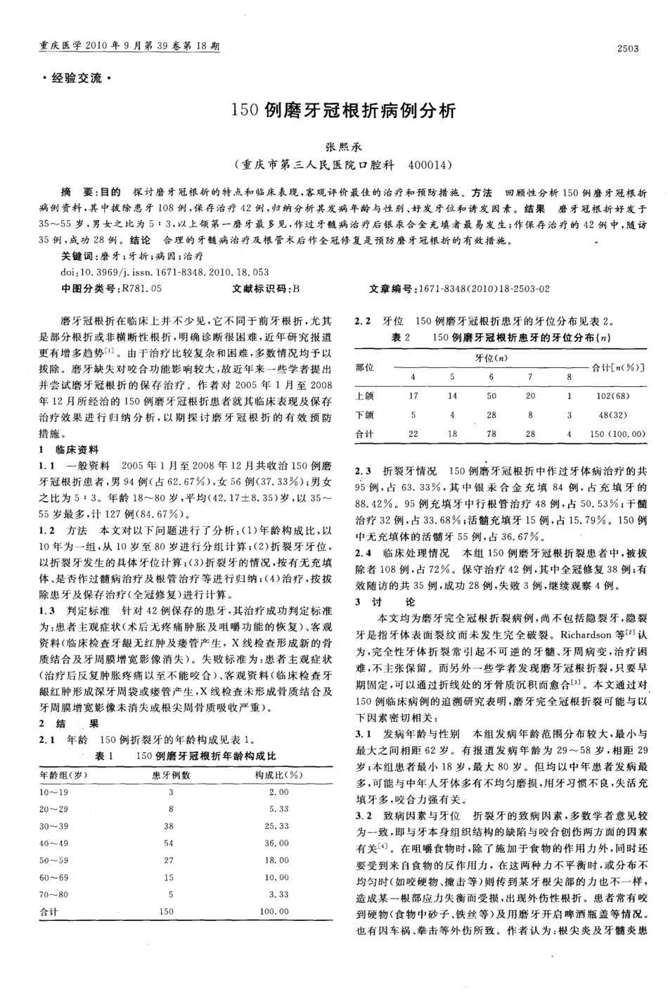 150例磨牙冠根折病例分析 _第1页