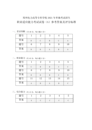 2021年郑州电力高等专科学校单独考试招生职业适应能力考试试卷A评分