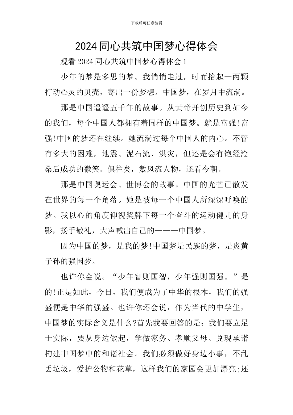 2024同心共筑中国梦心得体会_第1页