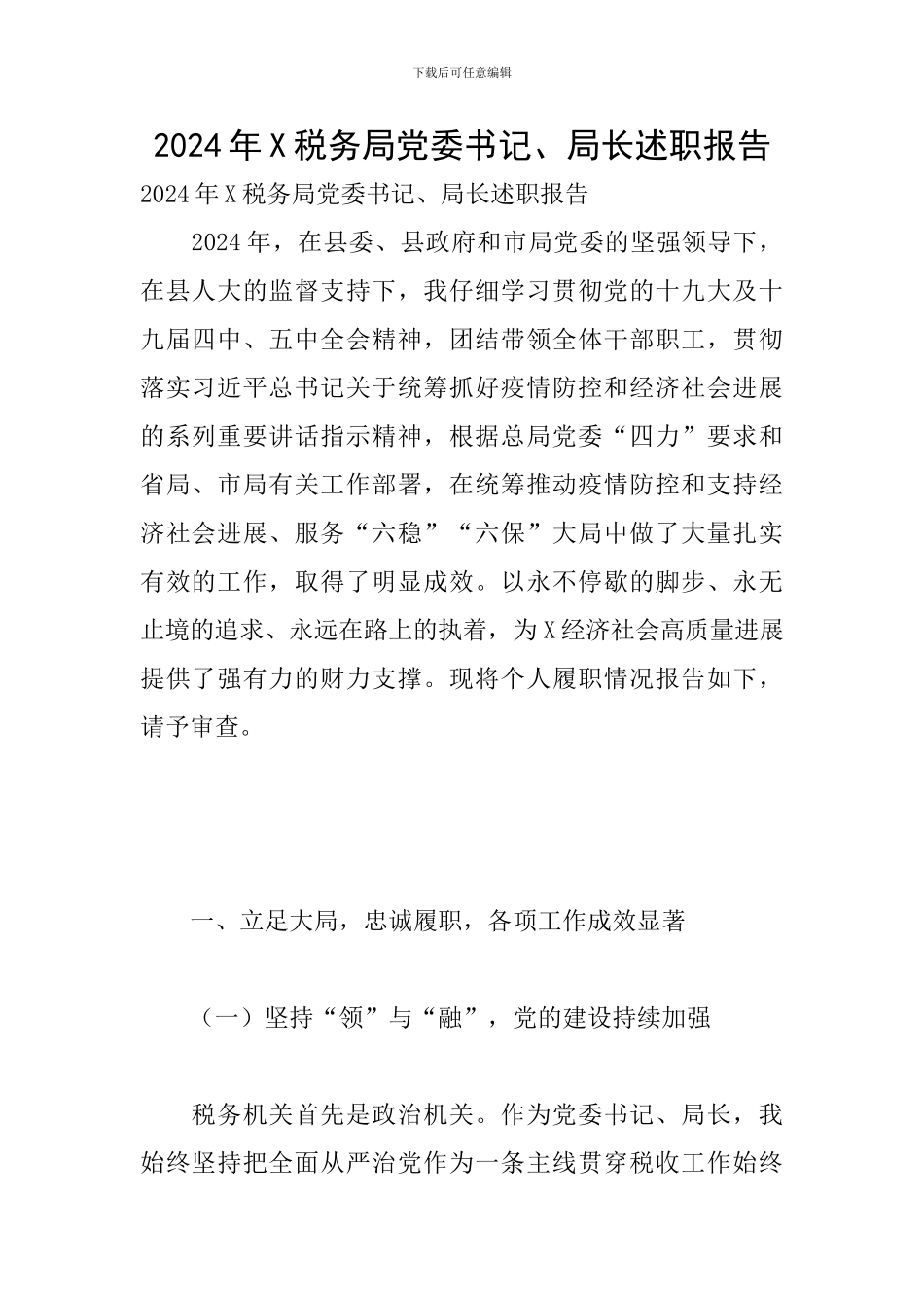 2024年X税务局党委书记、局长述职报告_第1页