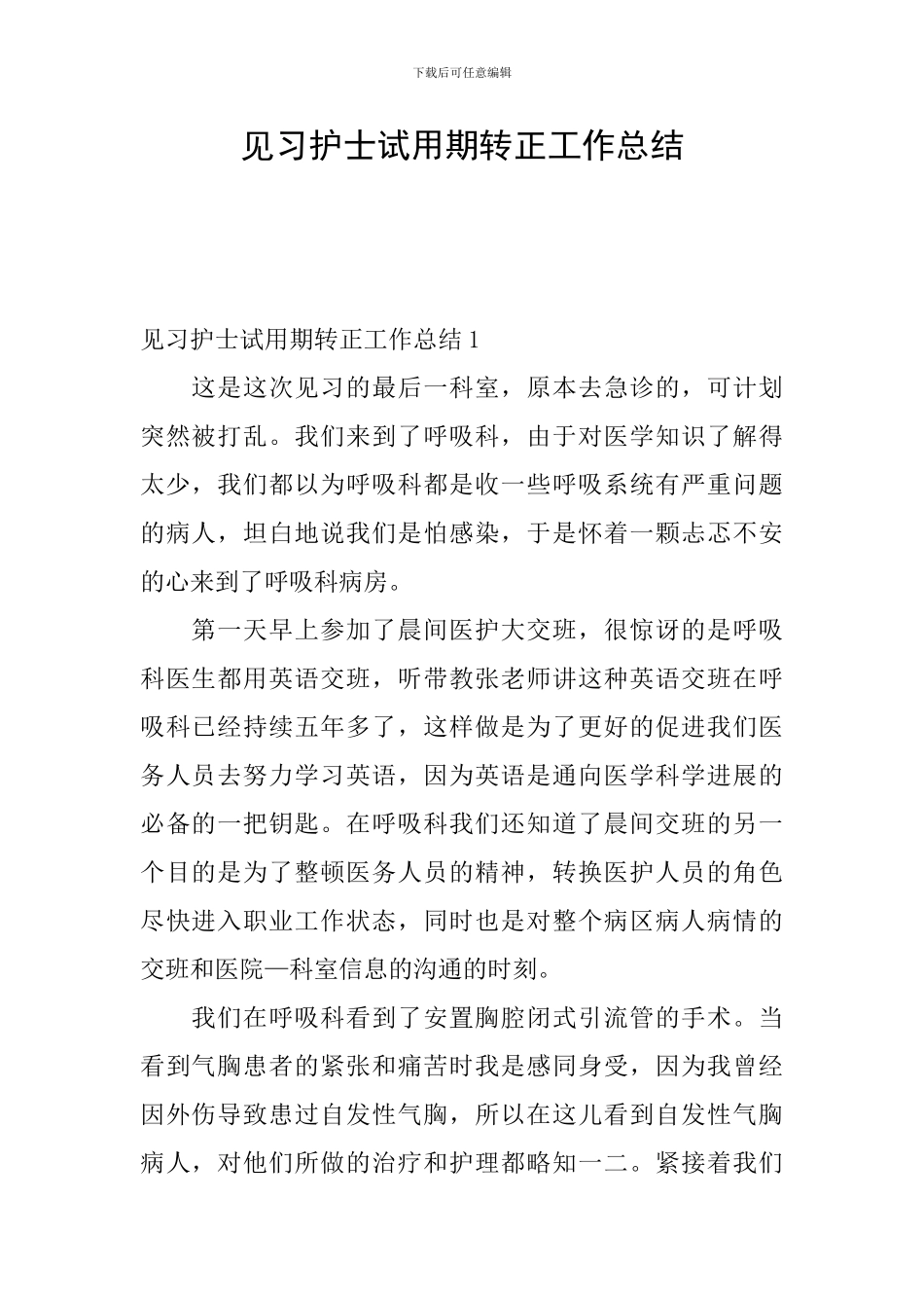 见习护士试用期转正工作总结_第1页