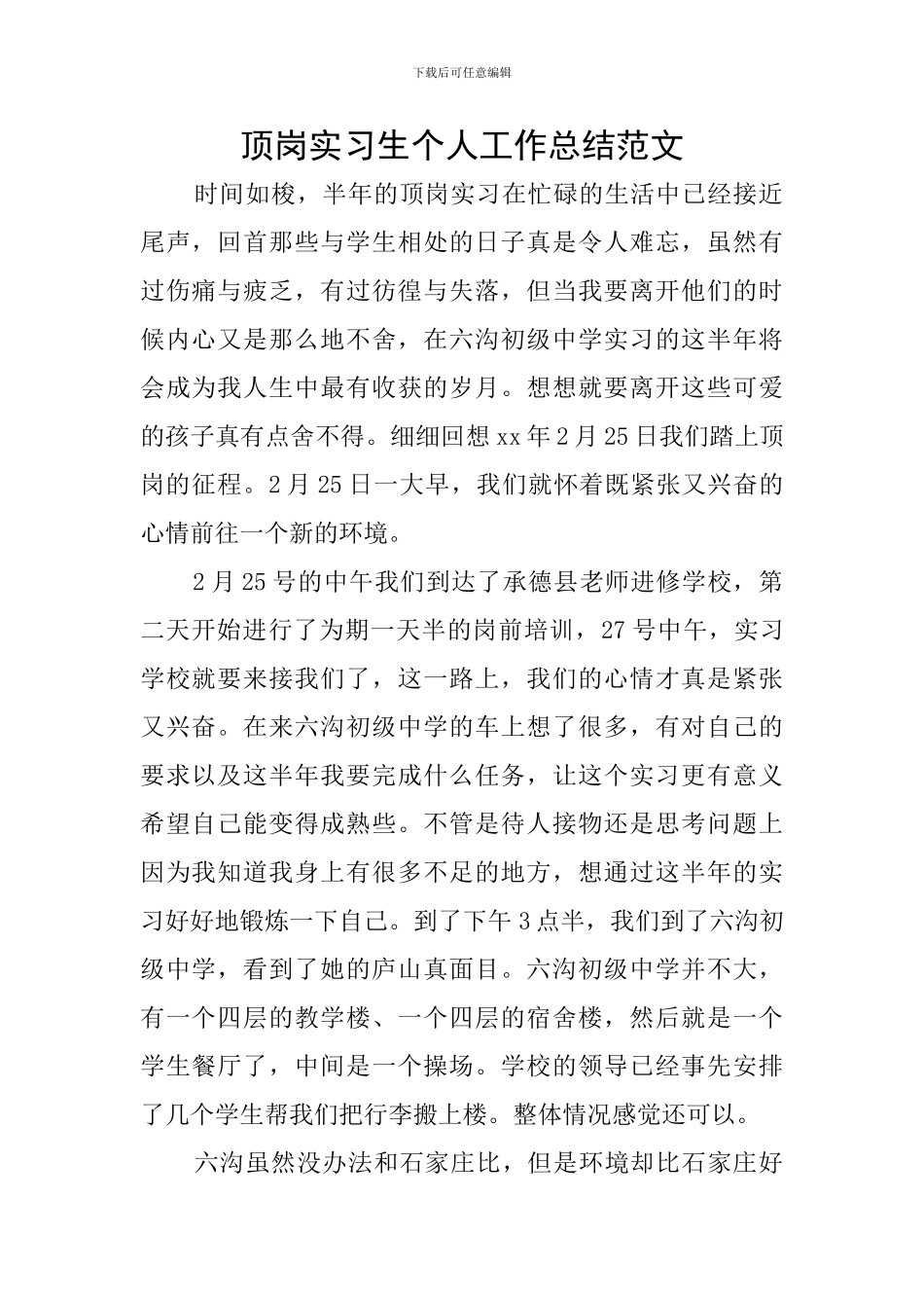 顶岗实习生个人工作总结范文_第1页