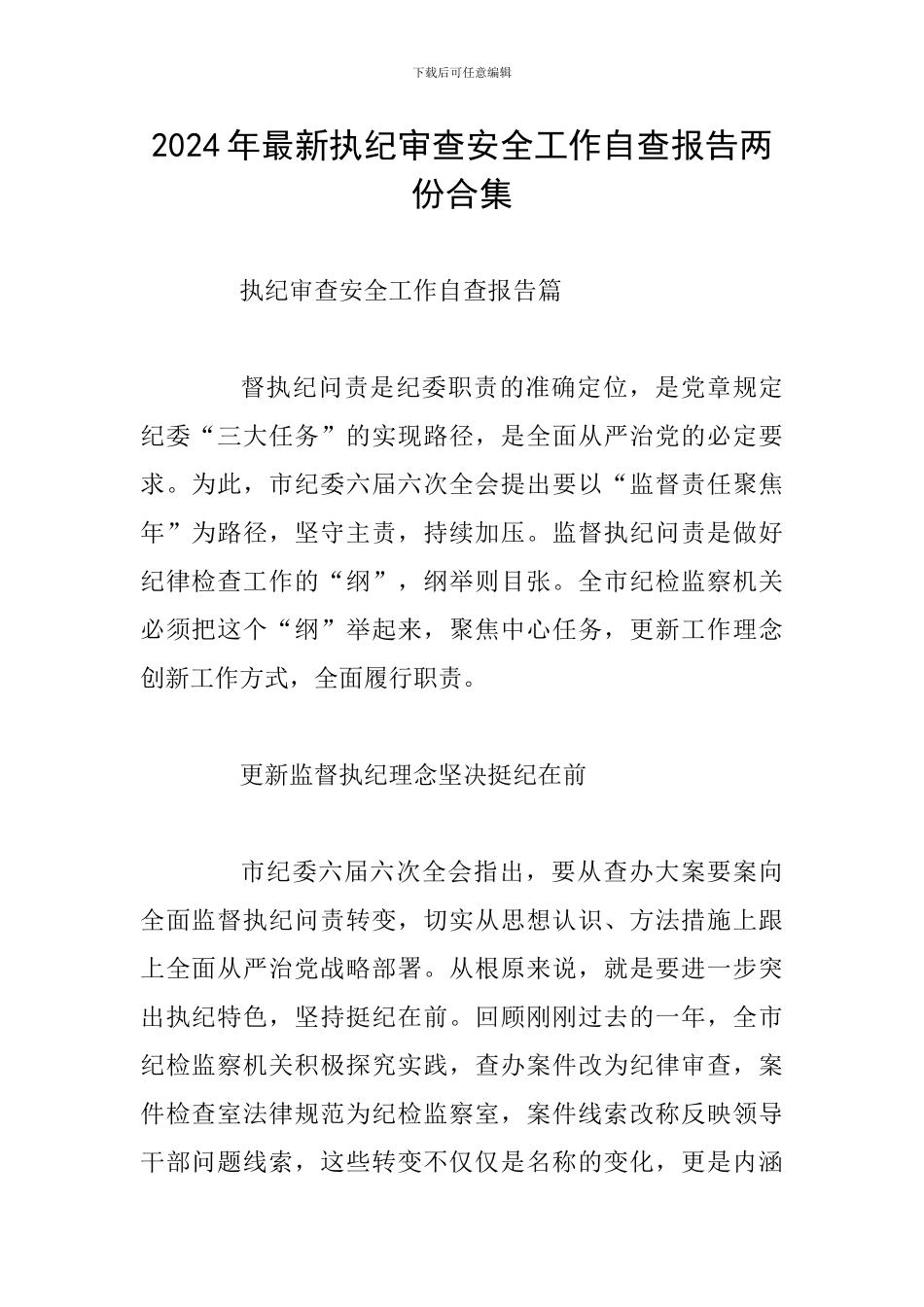 2024年最新执纪审查安全工作自查报告两份合集_第1页