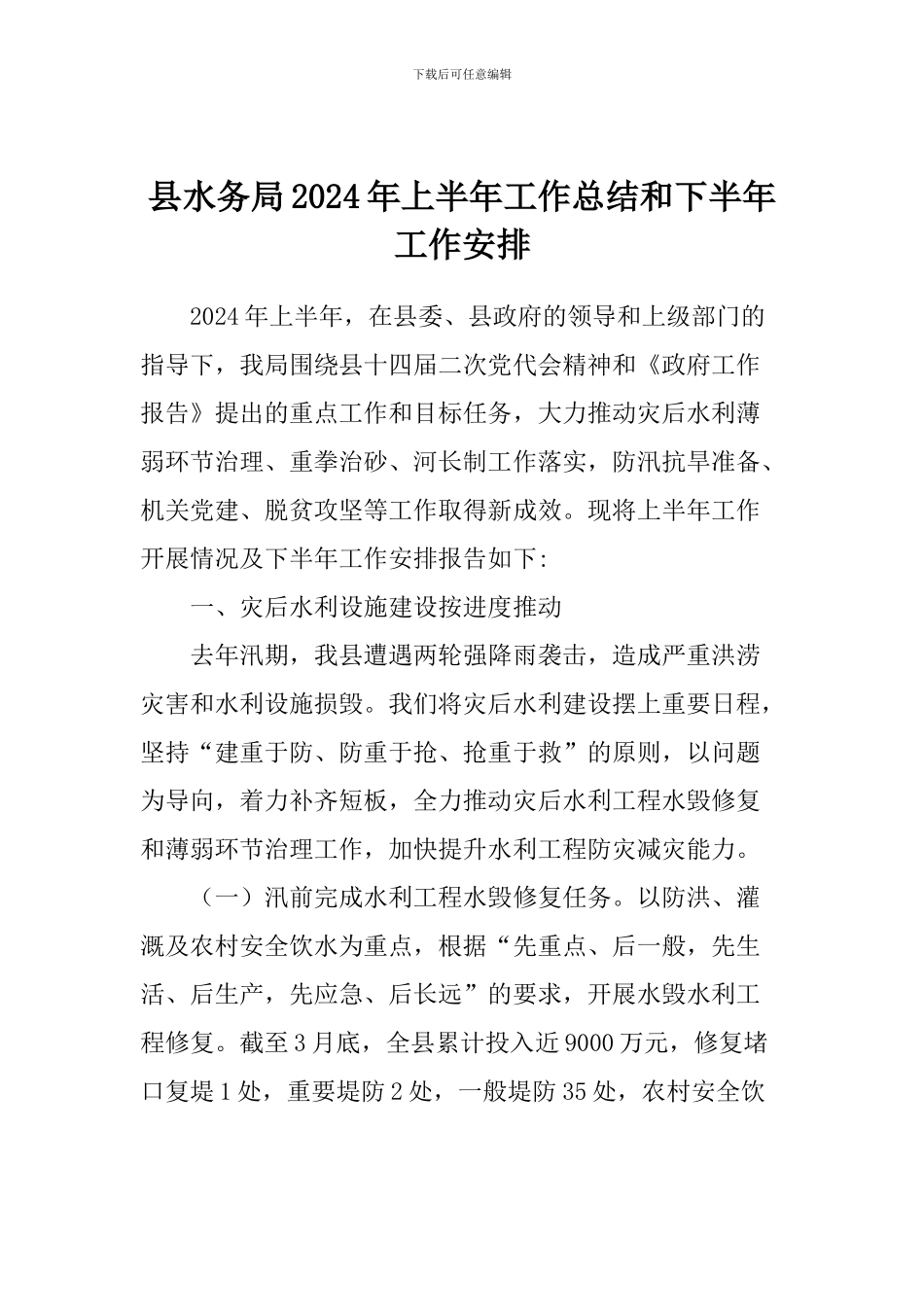 县水务局2024年上半年工作总结和下半年工作安排_第1页